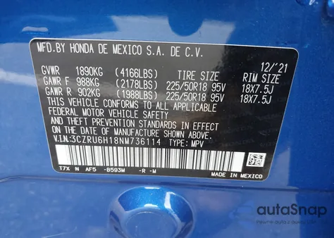 2022 Honda Hr-V Awd Sport z USA, uszkodzony, nr VIN 3CZRU6H18NM736114